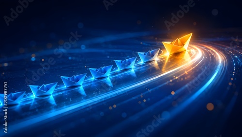 Glowing golden origami paper boat leading fleet of blue boats along curved light path representing dynamic business leadership
