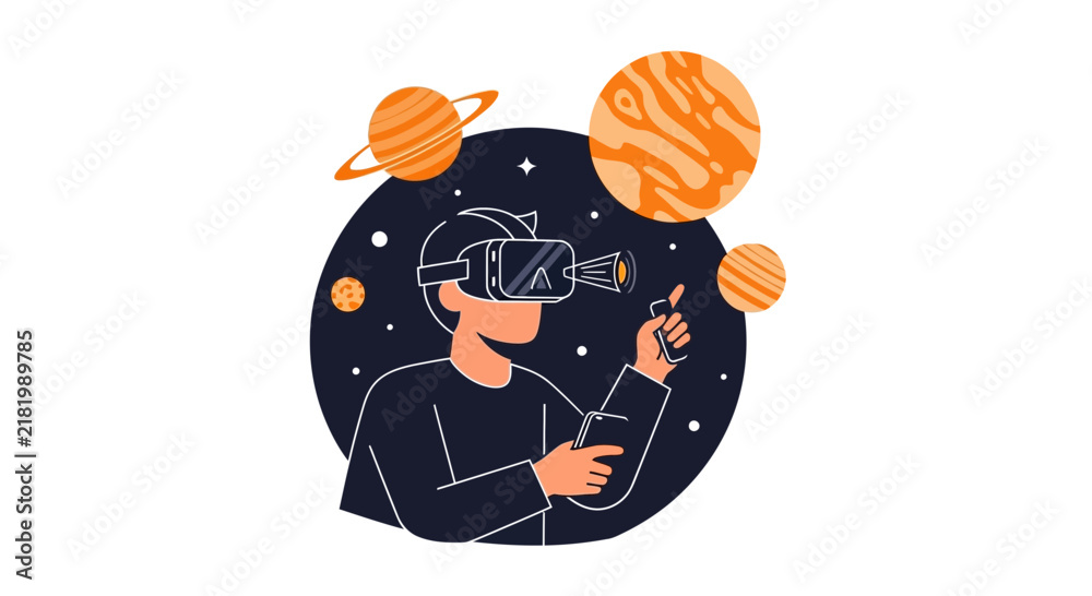 Fototapeta premium Man Using VR Headset to Explore Outer Space and Planets Illustration. Virtual Reality Astronomy, Metaverse Gaming, and Science Education Concept.