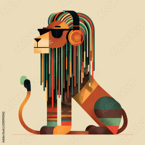 Colorful geometric lion illustration wearing sunglasses and headphones with modern artistic style and vibrant striped mane