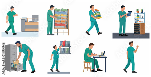 Foto Set of medical worker flat vector illustrations showing a male nurse in green sc