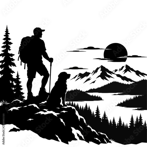 Hiker with dog silhouette overlooking mountain landscape