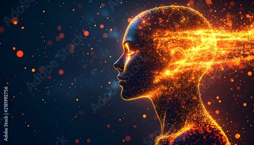 Futuristic human profile made of golden digital particles and flowing light trails, symbolizing artificial intelligence, neural networks, machine learning, technology, and creative thinking.