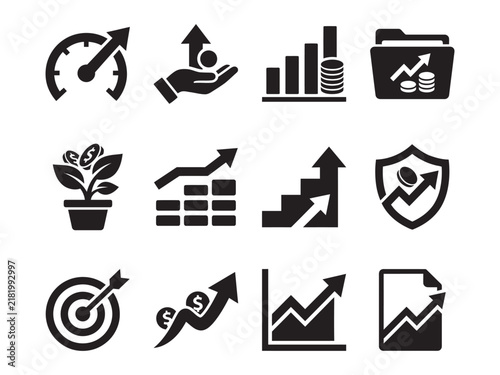 Set of black business and finance growth icons featuring charts graphs arrows and investment symbols on white background