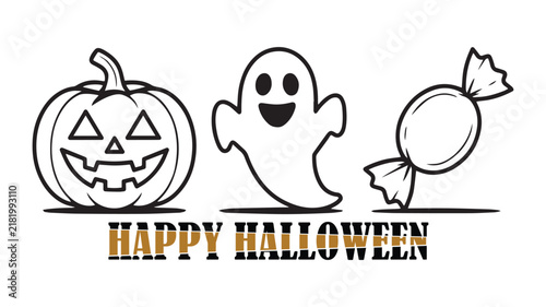 Happy Halloween Greeting with Jack O Lantern, Ghost and Wrapped Candy Line Art