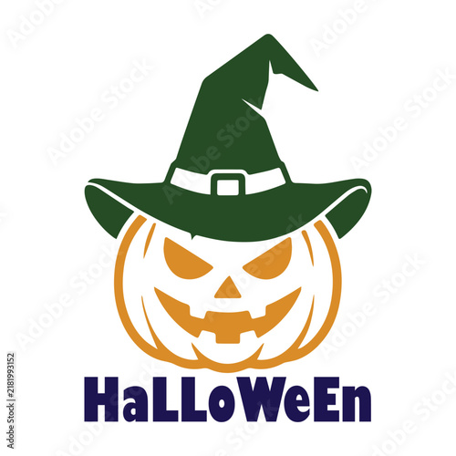 Spooky Halloween Pumpkin with Witch Hat and Festive Halloween Lettering