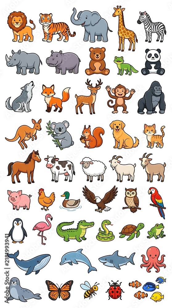 Fototapeta premium A comprehensive vector collection of cute cartoon animal characters isolated on a clean white background. 