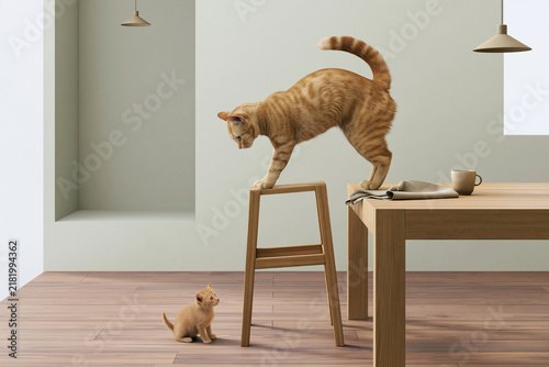 Photorealistic orange cat stepping onto stool as kitten watches