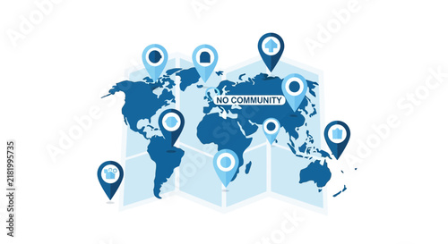World Map Graphic with Location Pins and No Community Text Illustrating Global Isolation, Disconnection, or Lack of Social Network Support