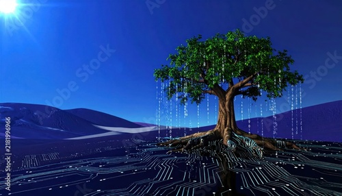 Tree on barren land with mountains.