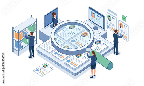 Isometric human resources, job interview and candidate hiring vector