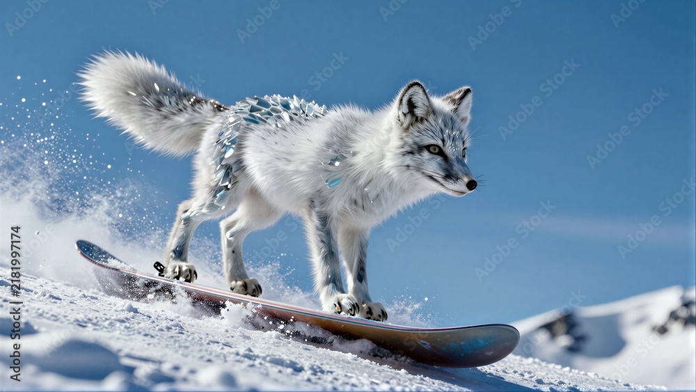 Obraz premium A snowy fox snowboards down a mountain with crystal-like fur and sparkling tail.