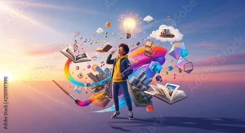 Creative boy surrounded by magical floating objects and glowing symbols under a vibrant sunset sky.