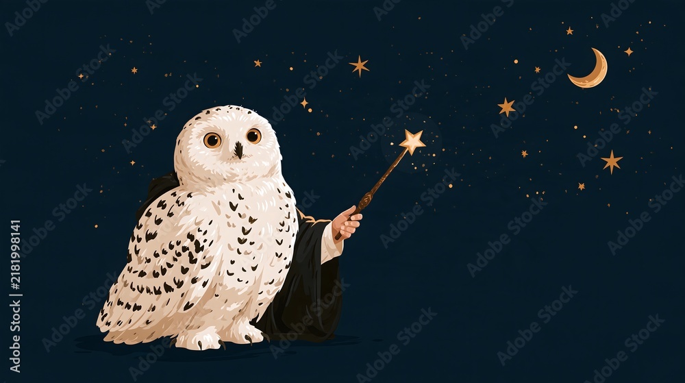 Obraz premium Illustration of snowy white owl in wizard robe holding magic wand under teal night sky with golden stars and crescent moon for storybook and greeting card