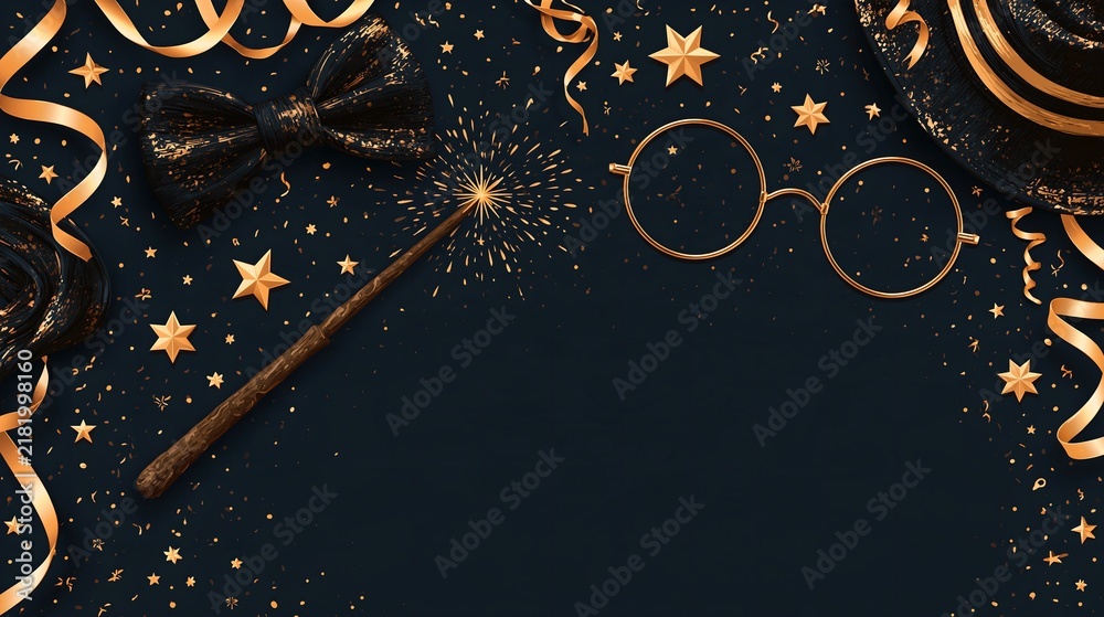 Fototapeta premium Magical flat lay with wizard wand, vintage spectacles, golden bow tie, top hat, ribbon streamers, and sparks on dark teal background for party invitations