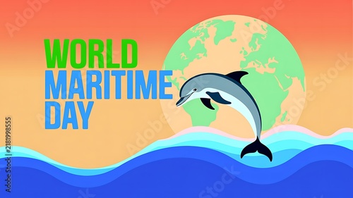 World maritime day graphic with a jumping dolphin ocean waves planet earth illustration maritime event