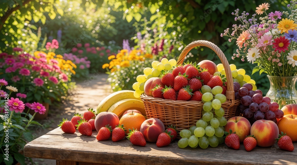 Fototapeta premium Fresh organic fruit basket sits on wooden table in sunny garden. Colorful assortment of strawberries, grapes, peaches, bananas, oranges. Vibrant summer harvest display with flowers in vase. Healthy