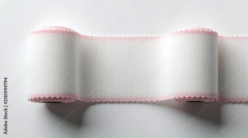 Obraz premium White elastic bandage roll with pink edges on plain background. Medical gauze for compression therapy injury support. First aid supply for wound care, sports injury treatment, orthopedic use in