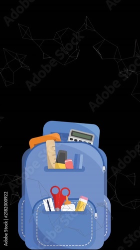 Animation of back pack over school items icons and network of connections on blackboard