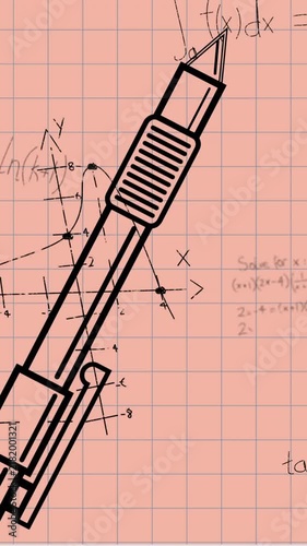 Animation of mathematical equations and pen icon against square lined paper background