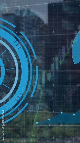 Animation of loading circles, multiple graphs and trading board over modern buildings against sky