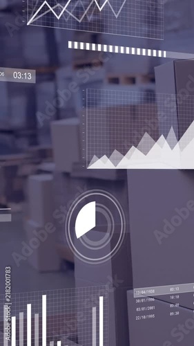 Animation of multiple graphs with loading bars and circles, changing numbers over warehouse