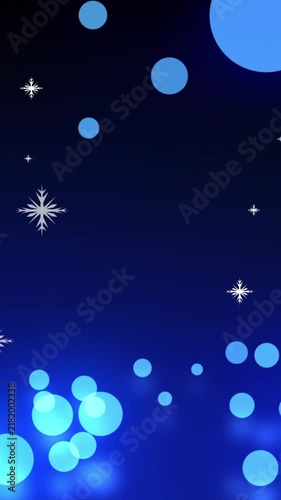 Animation of snowflakes and blue glowing balls falling against black background with copy space