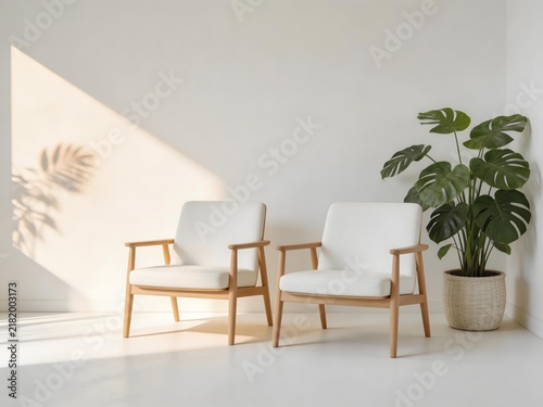 Two modern wooden armchairs with white cushions sit beside a large monstera plant in a bright minimalist room with sunlit shadows on the wall