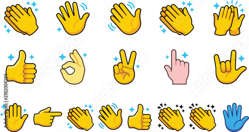 Colorful hand gesture emoji collection featuring waving, clapping, pointing, thumbs up, peace, victory, okay, and rock hand signs