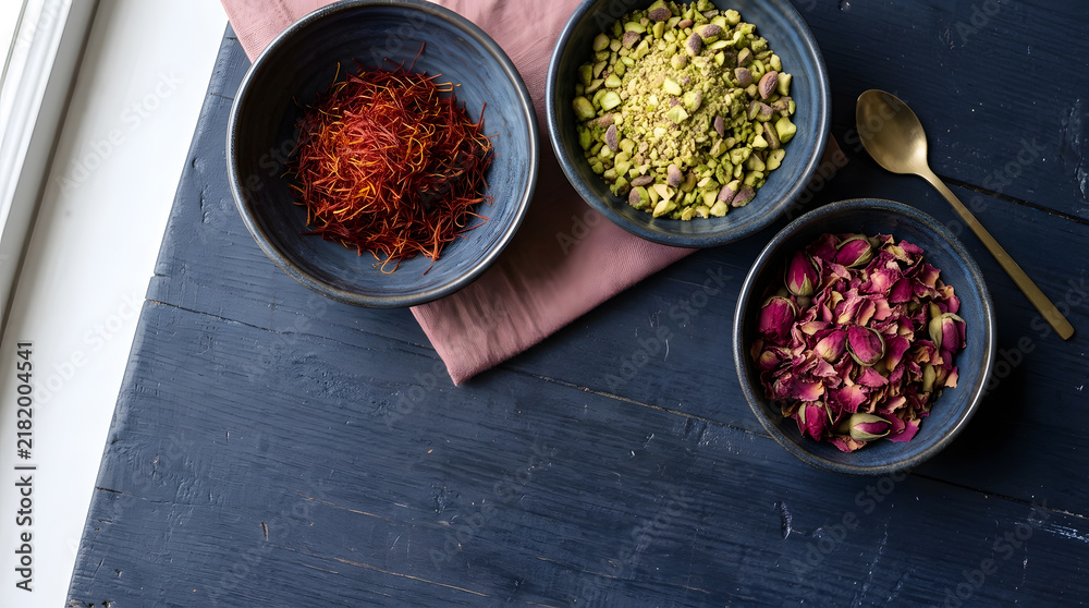 Fototapeta premium macro texture of saffron strands crushed pistachio and rose petals in