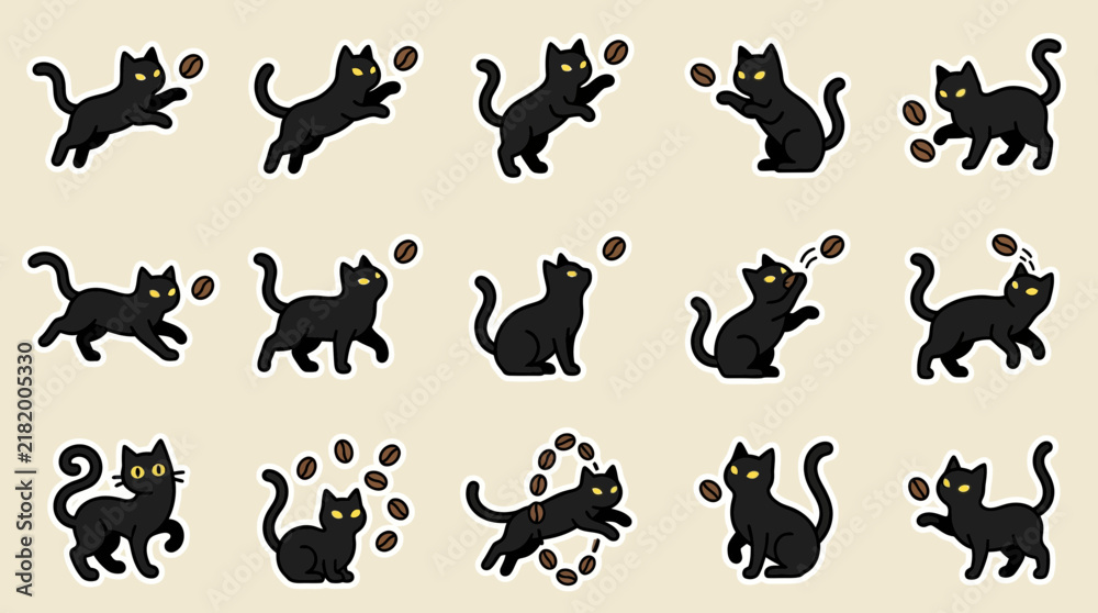 Obraz premium Black Cat Sticker Collection with Coffee Bean Illustrations