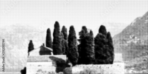 Black and white halftone dot silhouette trees landscape vector illustration eps.10