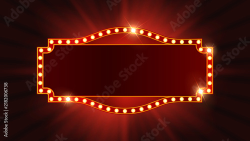 Retro Marquee Light Sign Frame with Glowing Bulbs, Vintage Theater Banner Border and Empty Illuminated Advertising Board Background