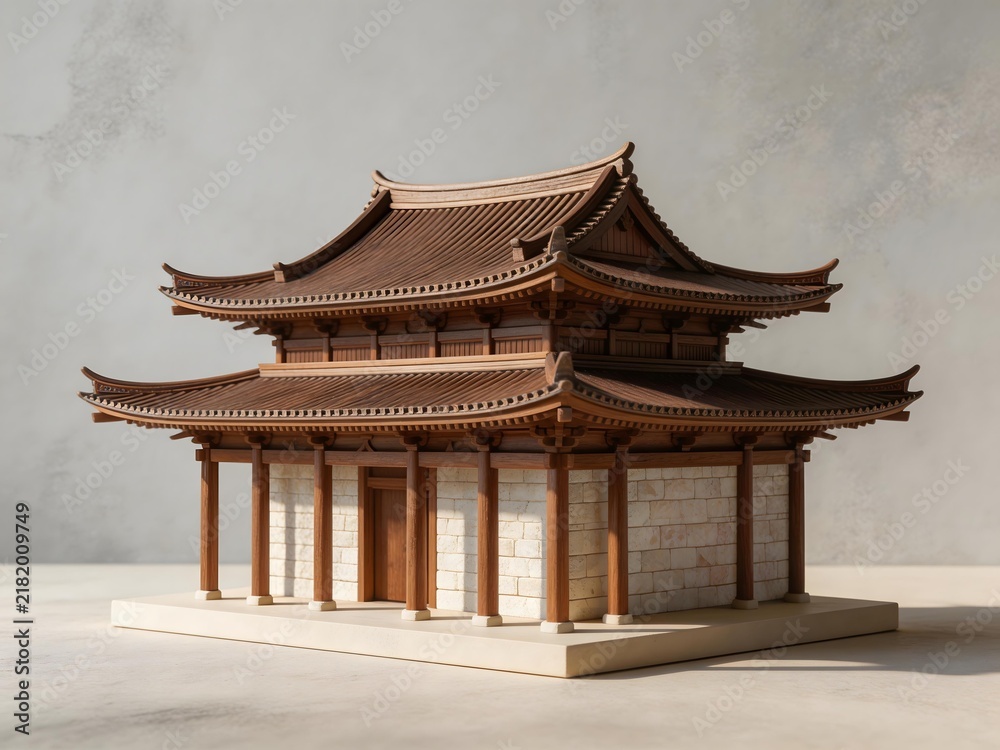 Obraz premium Miniature model of a traditional East Asian two-tiered pagoda-style building with tiled roofs and wooden columns