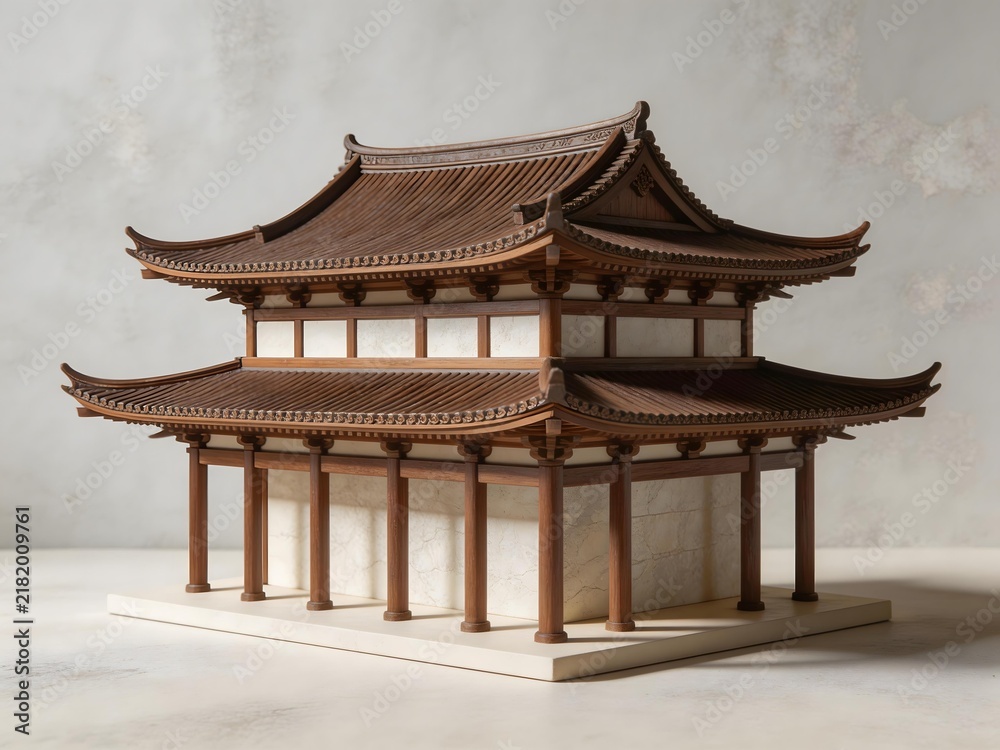 Fototapeta premium Wooden architectural model of a traditional Japanese two-tiered pagoda with curved tiled roofs and wooden pillars