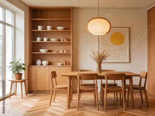Warm-toned wooden dining room with herringbone floor built-in shelving pendant light and minimalist decor