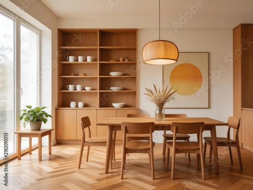 Warm-toned modern dining room with wooden herringbone floor built-in shelving and pendant light over rectangular table