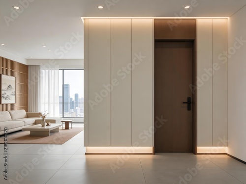 Modern minimalist hallway with integrated lighting recessed door and open living area view
