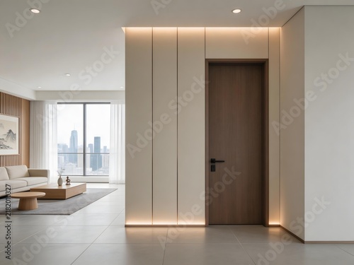 Modern interior hallway with recessed lighting wooden door and open living area featuring sofa and city view