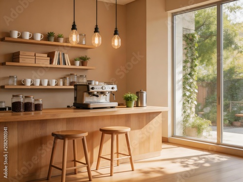 Sunlit modern kitchen counter with wooden stools open shelving coffee machine and large window overlooking greenery