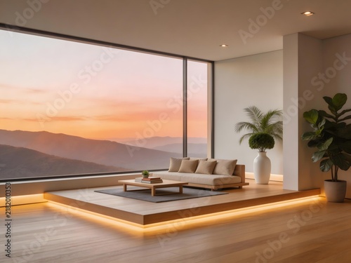 Modern minimalist living room with platform seating large floor-to-ceiling window overlooking mountain sunset