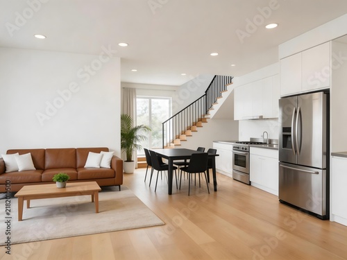 Modern open-plan living room and kitchen with hardwood floors brown sofa black dining set and staircase leading upstairs