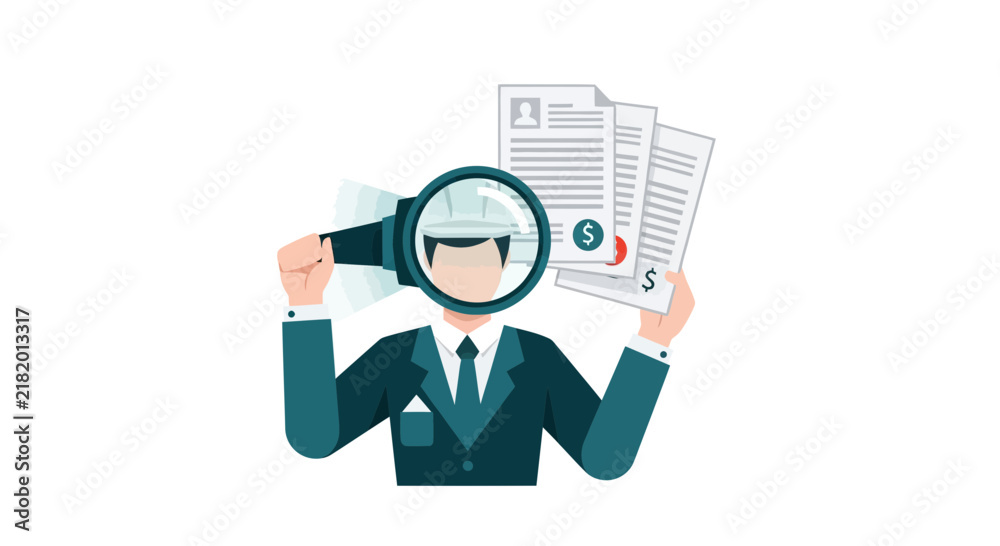 Fototapeta premium Professional Auditor or HR Manager Examining Documents with a Magnifying Glass; Concept for Recruitment, Financial Analysis, and Compliance. Vector Illustration.