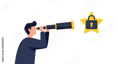 Businessman Looking Through Telescope at Locked Star Symbol, Concept of Goal Achievement, Premium Content, and Security