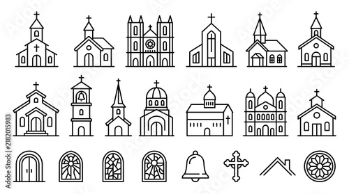 Fotografie Church Building Architecture Line Icon Set Featuring Chapels Cathedrals Steeples