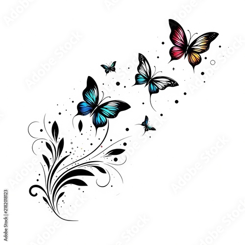 Colorful Flying Butterflies with Black Floral Swirl Vector Art