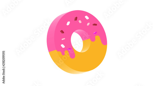 3D rendering of a sweet strawberry donut with pink icing and colorful sprinkles on isolated background