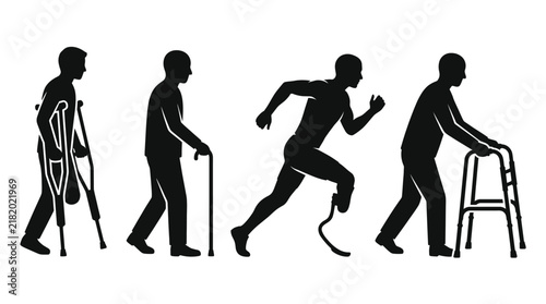 Set of silhouettes of people with mobility aids and prosthetic leg