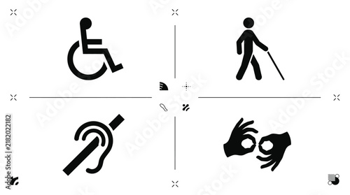 Set of international accessibility symbols including wheelchair user, visually impaired person, hard of hearing ear, and sign language interpreters