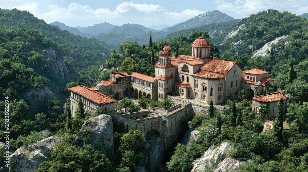 Fototapeta premium Monastery in Mountains: A serene monastery with terracotta roofs nestled on a verdant mountainside, surrounded by lush trees and dramatic rock formations.