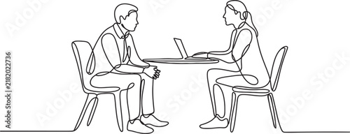 A simple continuous line art illustration showing a man and a woman in a professional business meeting sitting at a table with a laptop. Minimalist style.